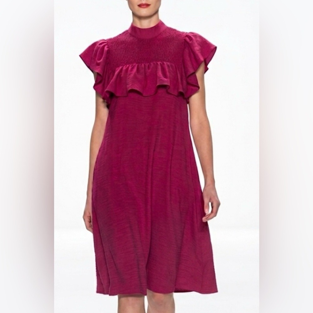 A New Day Magenta Smocked Mock Neck Ruffle Flutter‎ Sleeve Midi Dress XS Pink